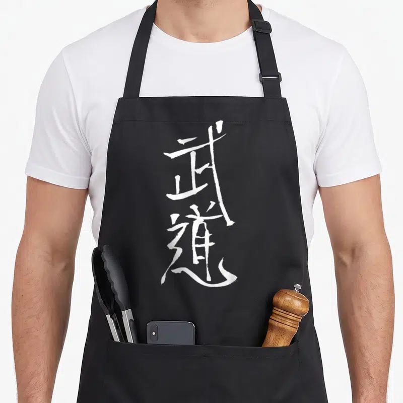 Tablier de cuisine noir avec l'inscription Budo Kanji en calligraphie blanche verticale.