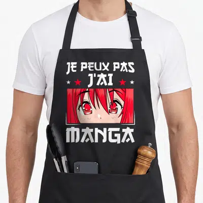 Tablier de cuisine noir avec illustration d'yeux rouges larmoyants et texte Je peux pas j'ai manga en blanc.