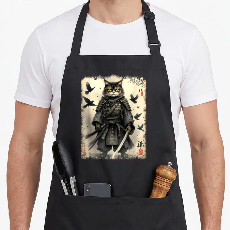 Tablier de cuisine noir avec illustration d'un chat samouraï entouré de corbeaux et de symboles asiatiques sur fond vieilli.