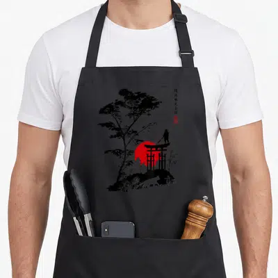 Tablier de cuisine noir avec silhouette samouraï, porte torii, soleil rouge et arbres en style minimaliste japonais.