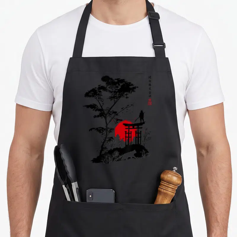 Tablier de cuisine noir avec silhouette samouraï, porte torii, soleil rouge et arbres en style minimaliste japonais.