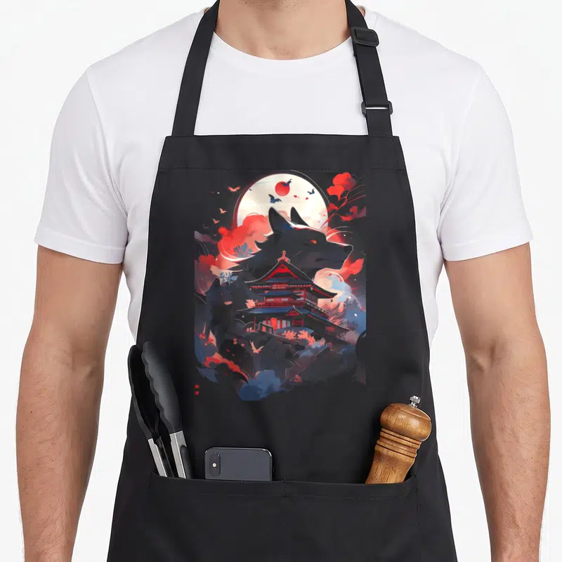 Tablier de cuisine noir avec illustration loup esprit mythique et pagode japonaise sous lune rouge.
