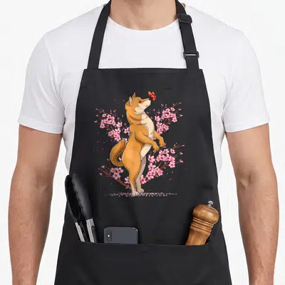 Tablier de cuisine noir avec illustration d'un Shiba Inu rose et de fleurs de cerisier roses.