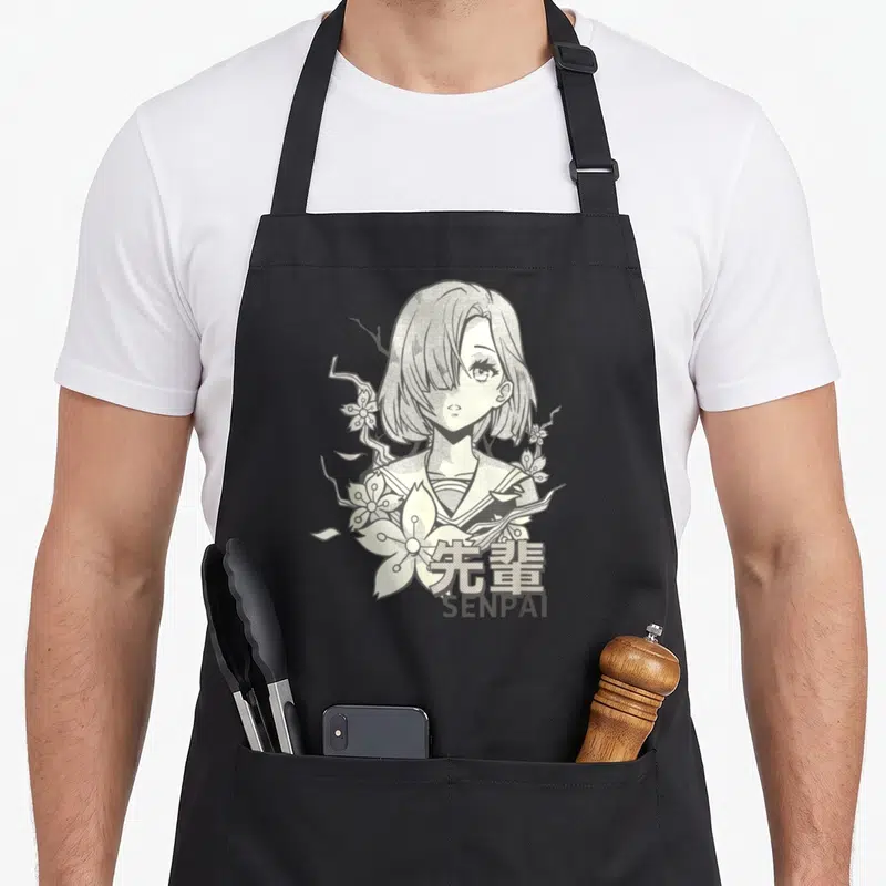 Tablier de cuisine noir avec illustration monochrome d'une fille aux cheveux courts et fleurs de sakura autour du visage.