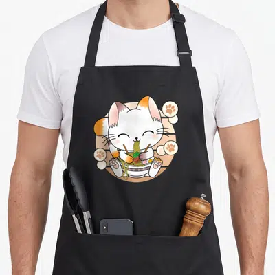 Tablier de cuisine noir avec illustration d'un chat blanc et orange mangeant des nouilles ramen entouré de traces de pattes.