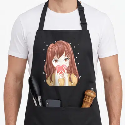 Tablier de cuisine noir avec illustration d'une fille manga aux cheveux châtains tenant un cœur rose brillant, entourée d'étoiles blanches scintillantes.