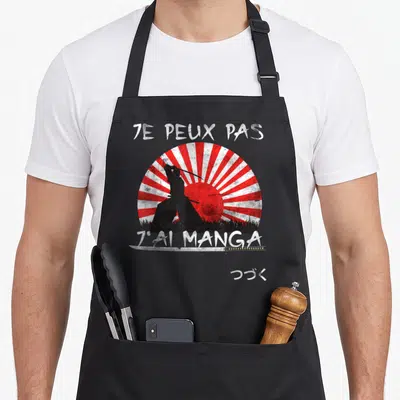 Tablier Je peux pas j'ai MANGA - ANIME Japonais Cadeau Humour — sur un tablier de cuisine noir, fond blanc