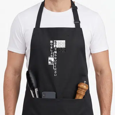 Tablier de cuisine noir avec inscription verticale blanche en japonais et blocs de texte technique noir sur fond blanc.