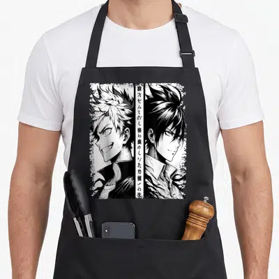 Tablier de cuisine noir avec illustration manga shonen montrant deux personnages masculins aux cheveux contrastés et expressions déterminées.