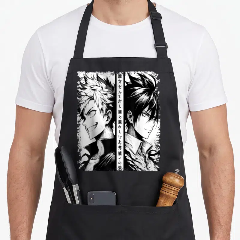 Tablier de cuisine noir avec illustration manga shonen montrant deux personnages masculins aux cheveux contrastés et expressions déterminées.