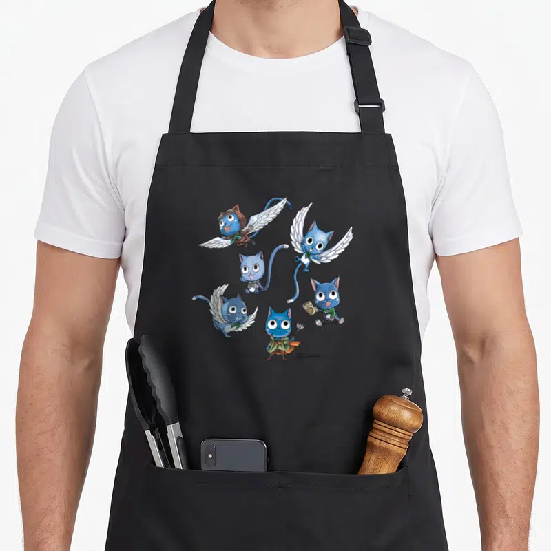 Tablier de cuisine noir avec six illustrations de Happy chat ailé bleu en pleine action et divers costumes d'aventurier.