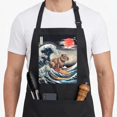 Tablier de cuisine noir avec une illustration d'une capybara surfant sur une vague stylisée dans l'esprit des estampes japonaises classiques.