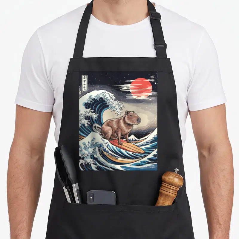Tablier de cuisine noir avec une illustration d'une capybara surfant sur une vague stylisée dans l'esprit des estampes japonaises classiques.