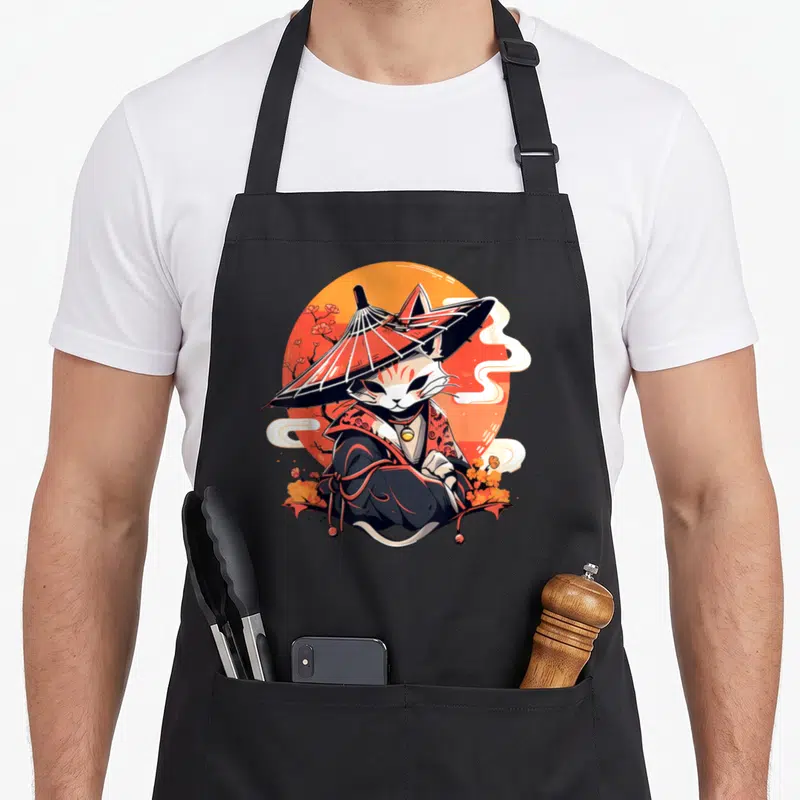 Tablier de cuisine noir avec illustration d'un ninja chat coiffé d'un chapeau conique rouge devant un soleil orange.