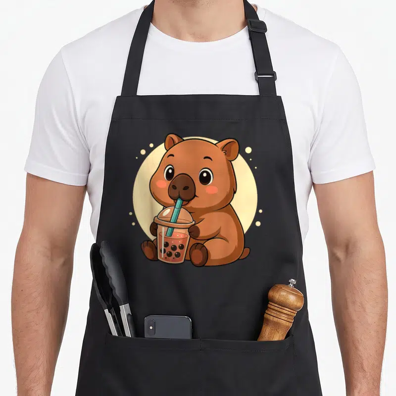 Tablier de cuisine noir avec illustration d'un capybara kawaii buvant un thé à la paille.