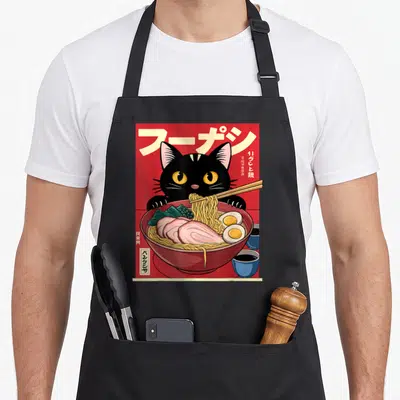 Tablier de cuisine noir avec illustration d'un chat noir mangeant du ramen dans un bol rouge.