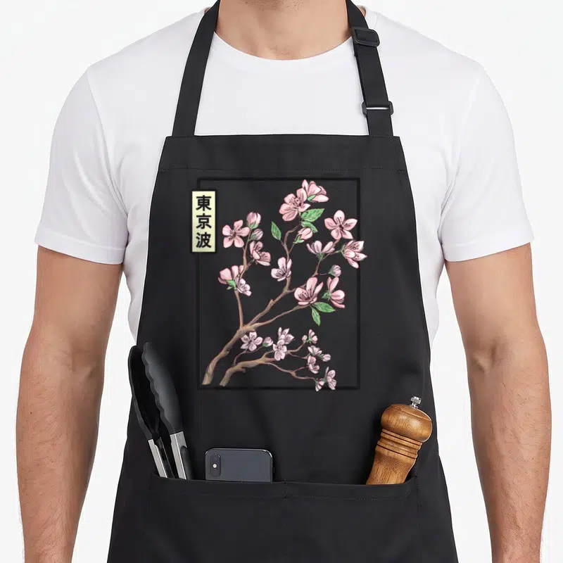 Tablier de cuisine noir avec illustration fleur de cerisier japonaise, branches roses et caractères dans un cadre noir.