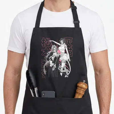 Tablier de cuisine noir avec illustration de Rangiku Matsumoto et Haineko en silhouette grise et rose.