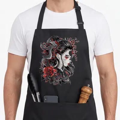 Tablier de cuisine noir avec illustration femme, dragon et fleurs rouges style manga.