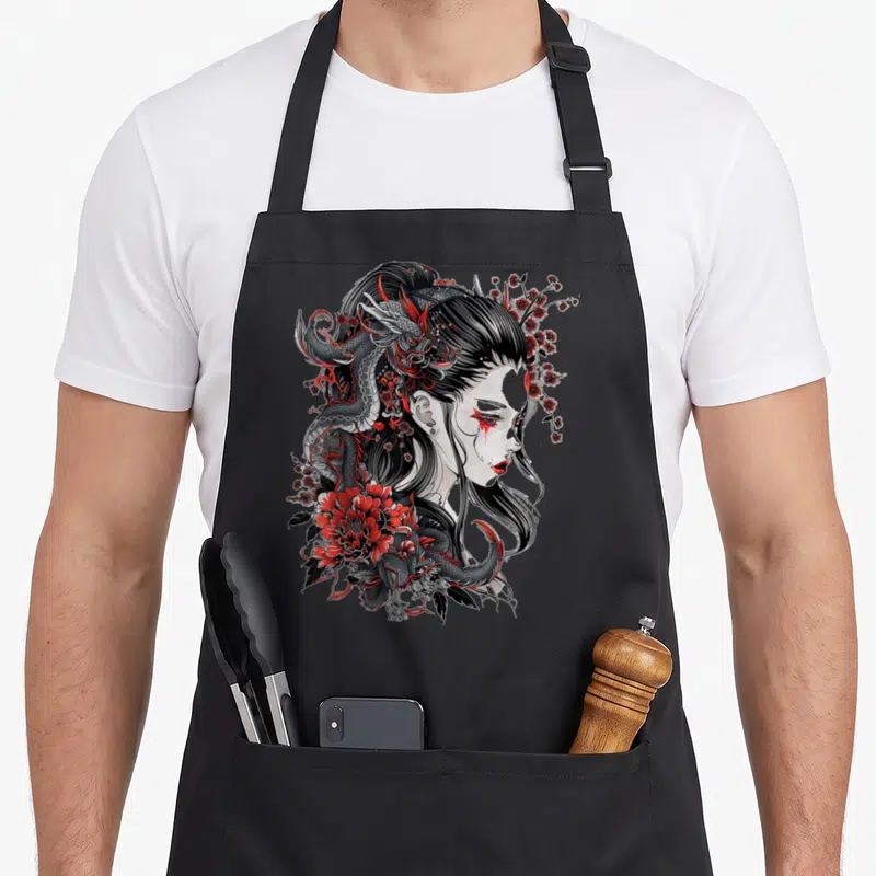 Tablier de cuisine noir avec illustration femme, dragon et fleurs rouges style manga.