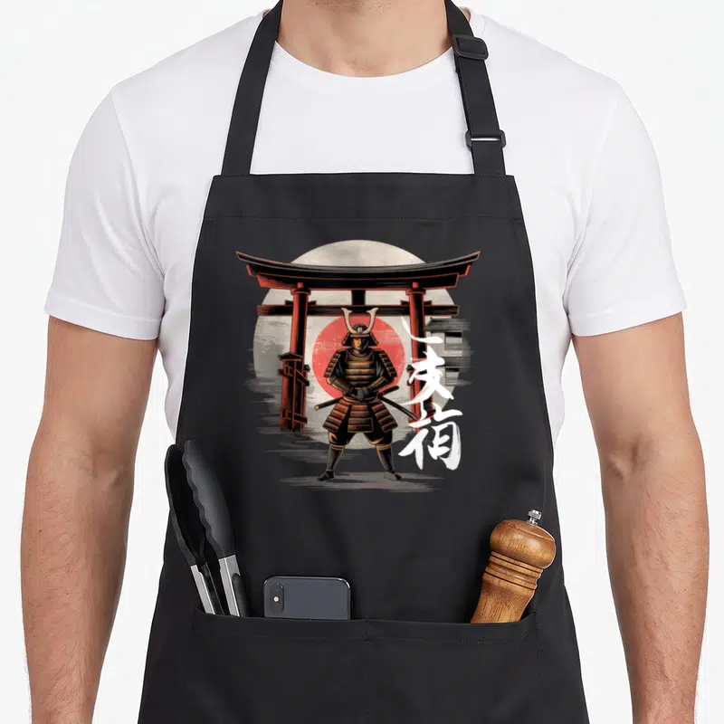 Tablier de cuisine noir avec illustration samouraï, porte torii rouge et écritures japonaises blanches sur fond circulaire.