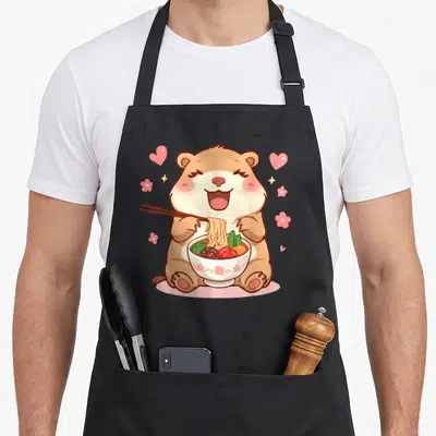 Tablier de cuisine noir avec une capybara kawaii mangeant du ramen entourée de cœurs roses et de fleurs.