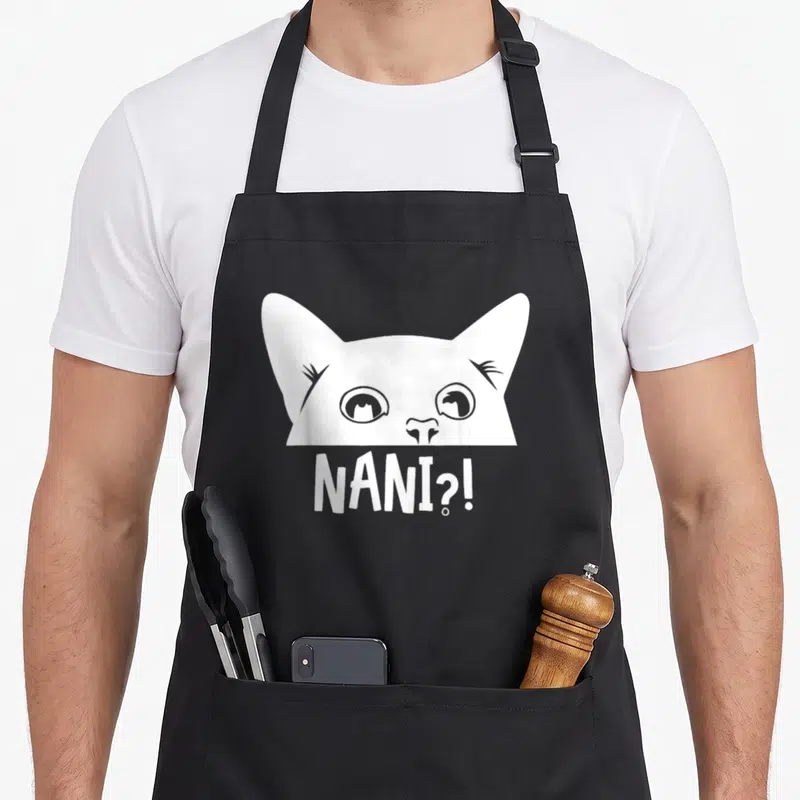 Tablier de cuisine noir avec illustration blanche d'un chat aux grands yeux et le mot Nani imprimé en dessous.