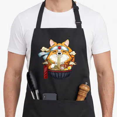 Tablier de cuisine noir avec illustration d'un corgi puppy mangeant des noodles ramen dans un bol noir.