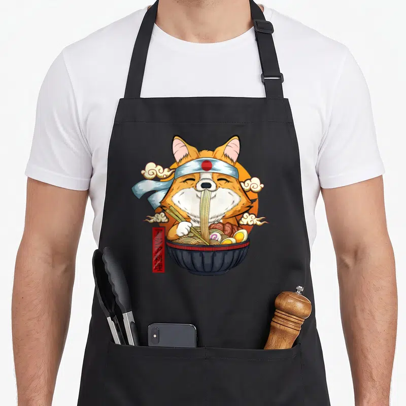 Tablier de cuisine noir avec illustration d'un corgi puppy mangeant des noodles ramen dans un bol noir.