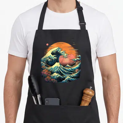 Tablier de cuisine noir avec une illustration colorée de La Grande Vague et du mont Fuji au fond d'un ciel orange.