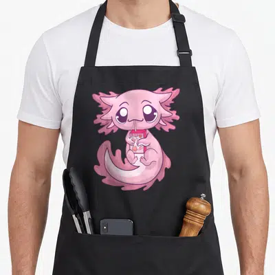 Tablier de cuisine noir avec illustration d'un axolotl rose buvant du lait de fraise dans une boîte carton.
