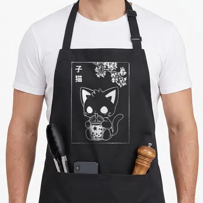 Tablier de cuisine noir avec illustration d'un chat blanc tenant un Boba Tea sous des fleurs de Sakura et les caractères.