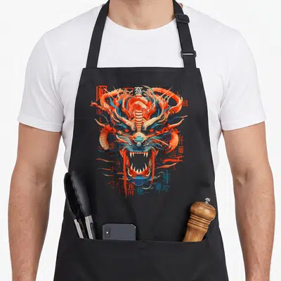 Tablier de cuisine noir avec un grand dragon stylisé aux couleurs vives et des symboles asiatiques environnants.