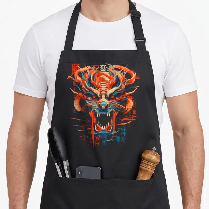 Tablier de cuisine noir avec un grand dragon stylisé aux couleurs vives et des symboles asiatiques environnants.