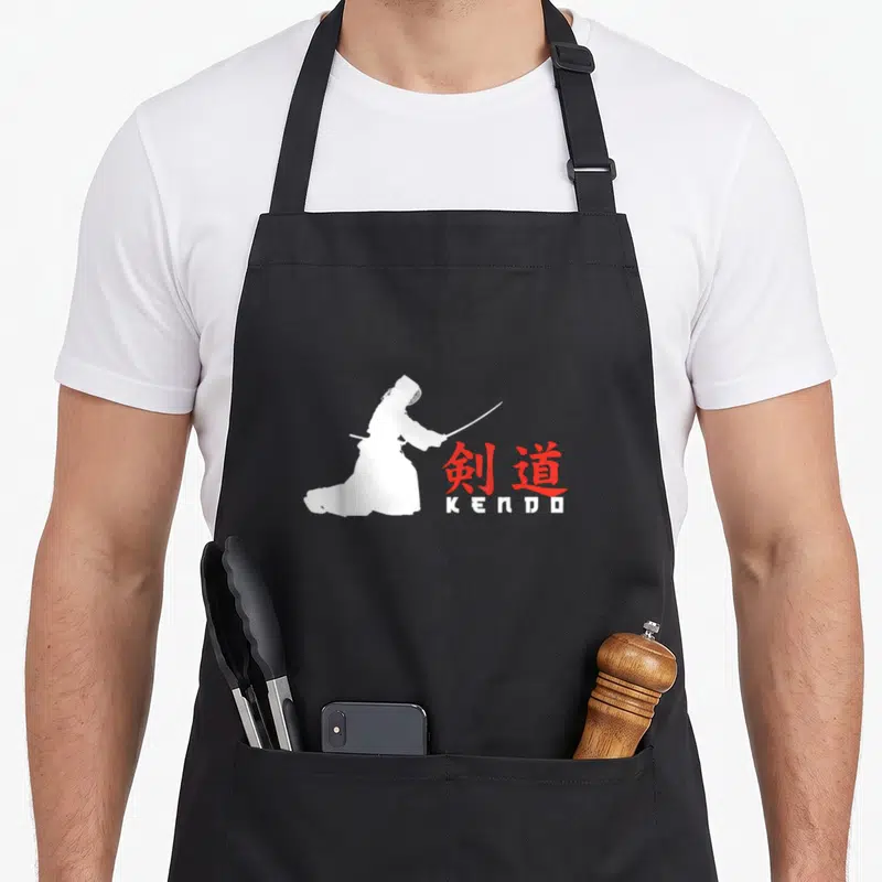 Tablier de cuisine noir avec silhouette blanche d'un pratiquant de Kendo tenant une lance, accompagnée de caractères japonais rouges et du mot KENDO.