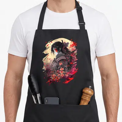 Tablier de cuisine noir avec illustration d'une guerrière samouraï aux cheveux noirs, yeux rouges et fleurs roses sur fond abstrait rouge et beige.