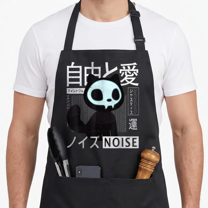 Tablier de cuisine noir avec chat squelette bleu et caractères japonais vaporwave.