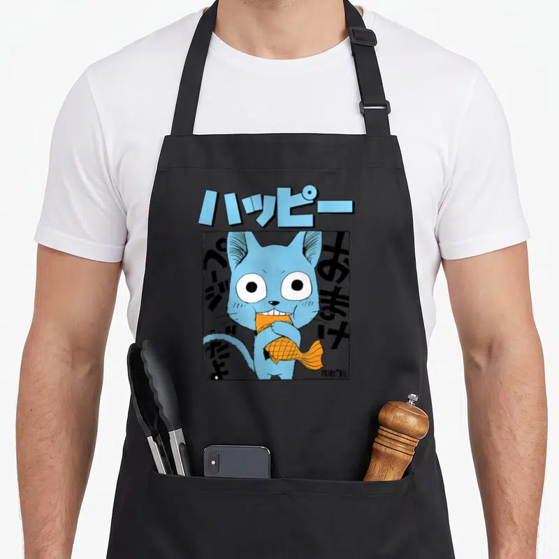 Tablier de cuisine noir avec illustration d'un chat bleu mangeant un poisson orange sous des caractères japonais.
