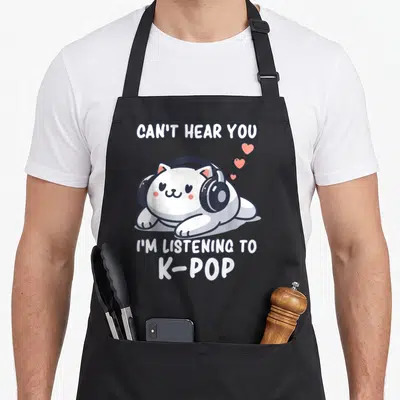 Tablier de cuisine noir avec un chat blanc portant des écouteurs et le texte Can't hear you I'm listening to K-pop.