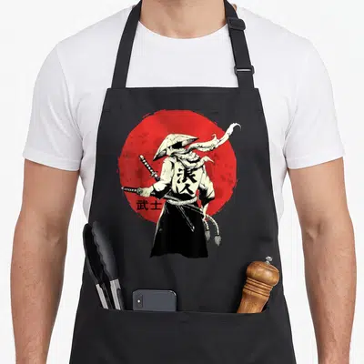 Tablier de cuisine noir avec illustration d'un samouraï masqué brandissant un katana sur fond de disque rouge.