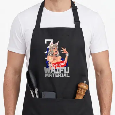 Tablier de cuisine noir avec illustration de waifu aux oreilles de chat et texte Senpai Waifu Material