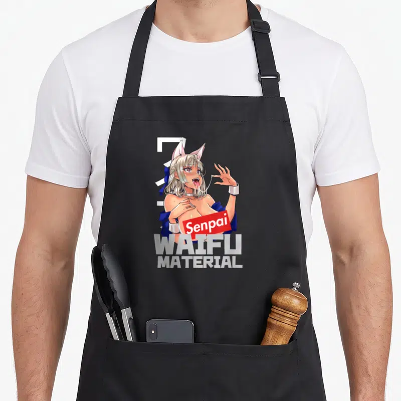 Tablier de cuisine noir avec illustration de waifu aux oreilles de chat et texte Senpai Waifu Material