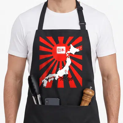 Tablier de cuisine noir avec illustration du Japon, soleil levant rouge et mention Tokyo en lettres noires.