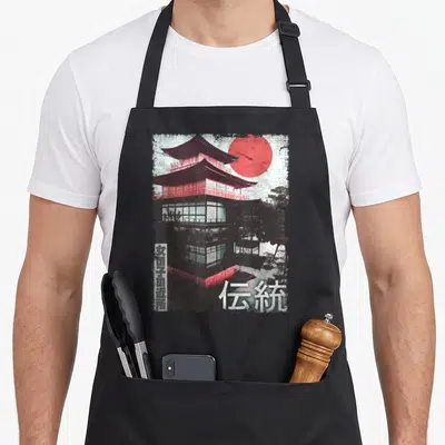 Tablier de cuisine noir avec illustration d'un temple japonais rouge et blanc en style vintage grunge.