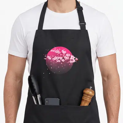 Tablier de cuisine noir avec branches de sakura roses et cercle rose dégradé en arrière-plan.