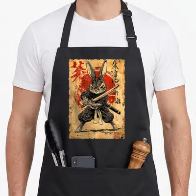 Tablier de cuisine noir avec illustration d'un lapin ninja samouraï tenant une katana sur fond vieilli rouge et beige.