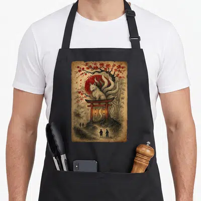 Tablier de cuisine noir avec illustration d'un renard Kitsune blanc sur un portail torii rouge et des fleurs de cerisier rouges.