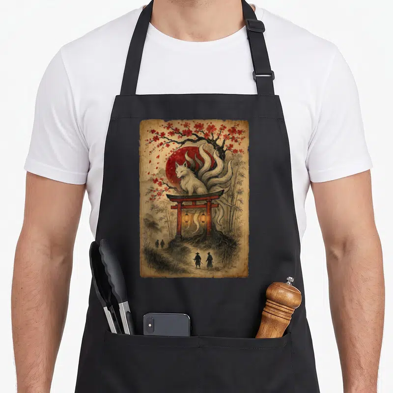 Tablier de cuisine noir avec illustration d'un renard Kitsune blanc sur un portail torii rouge et des fleurs de cerisier rouges.