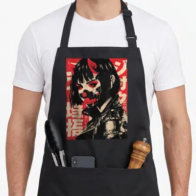 Tablier de cuisine noir avec illustration d'une fille cyberpunk au masque rouge et cornes, style manga y2k techwear rétro.