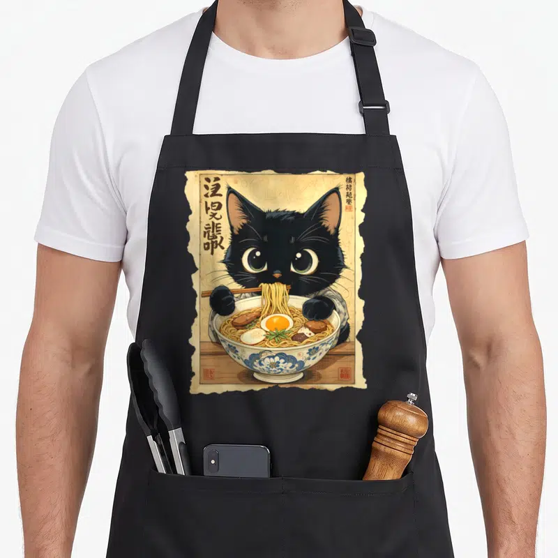 Tablier de cuisine noir avec illustration d'un chat noir mangeant du ramen dans un bol décoré de motifs floraux bleus et blancs.